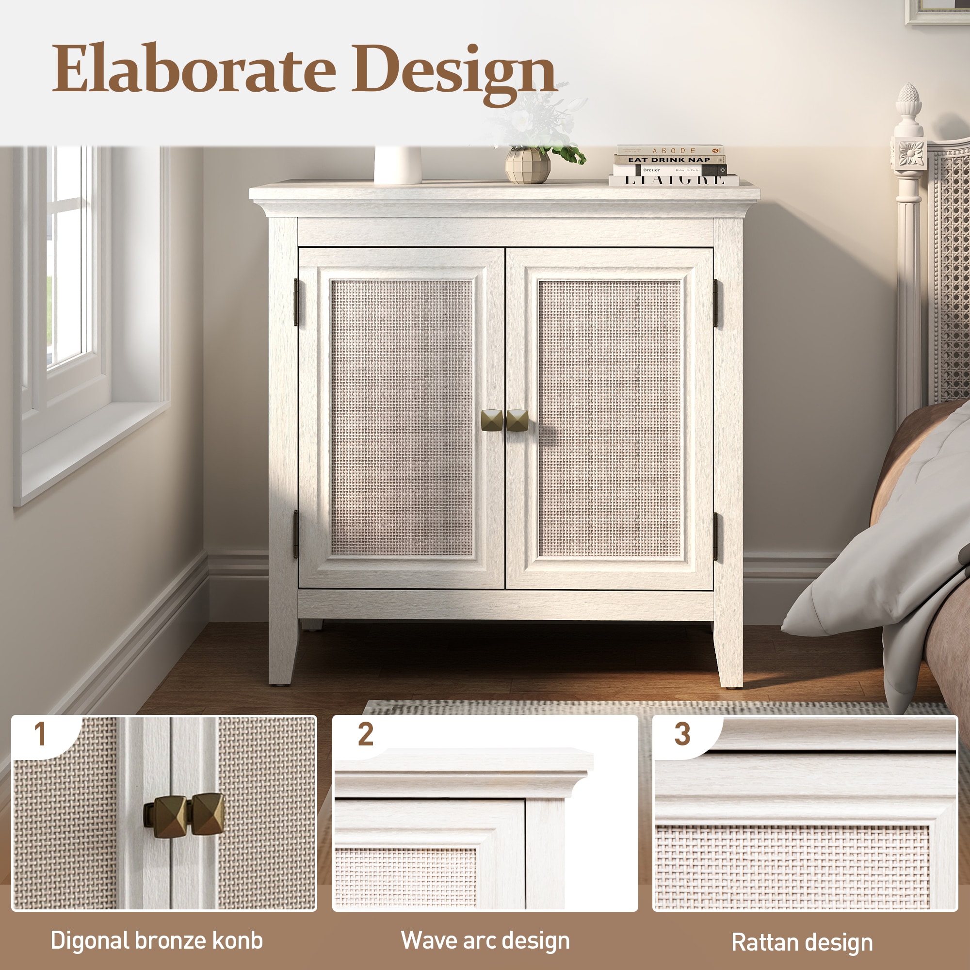 Kitchen Sideboard Cabinet With Rattan Doors And Storage Shelves_voghion.com